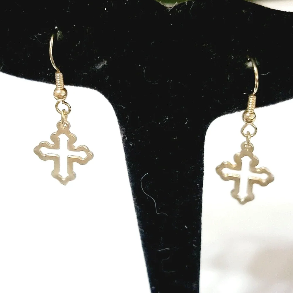 Vintage Cross Dangle Pierced Earrings Gothic Gold-tone Open-Wrought 1 5/8